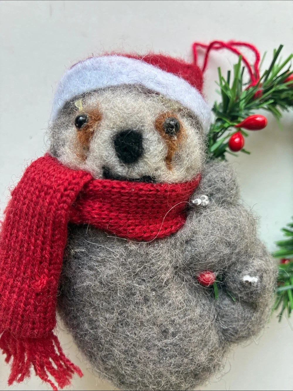 Vintage Handmade Holiday Felt Snowman and Wool Bear Ornaments Set of 2